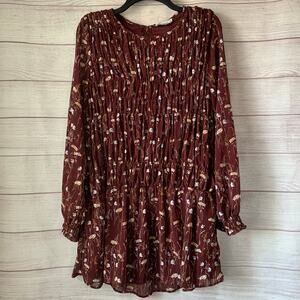 Loveriche Maroon Floral Short Dress Long Sleeves Smocking Body Size Medium